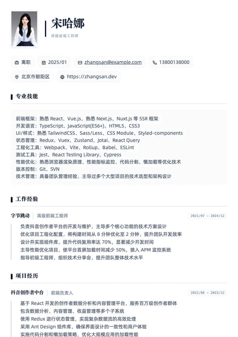 瑞士风格模板的示例简历
